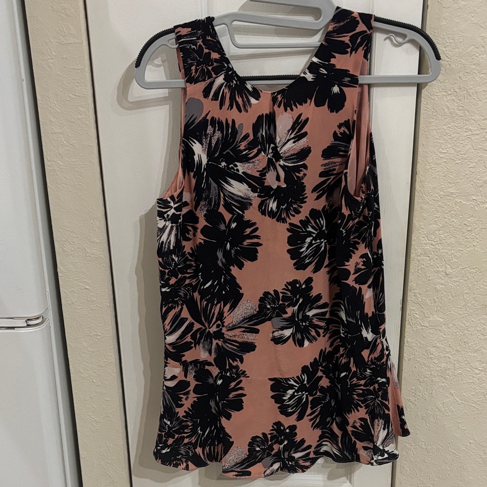 Rebecca Taylor Black and Pink Floral Sleeveless Silk Peplum Blouse - Picture 6 of 7